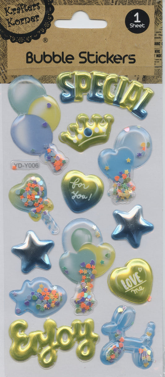3D Bubble Stickers - Blue/Yellow Party Theme - 1 Sheet - 13 pk