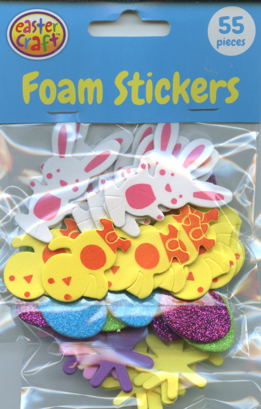 Foam Bunnies/Chicks, Glitter Eggs and Flowers Adhesive Stickers - 55 pk