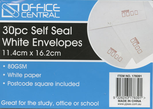 White Envelopes 80GSM - Self Seal -  C6 - size 114 x 162mm -  30pk