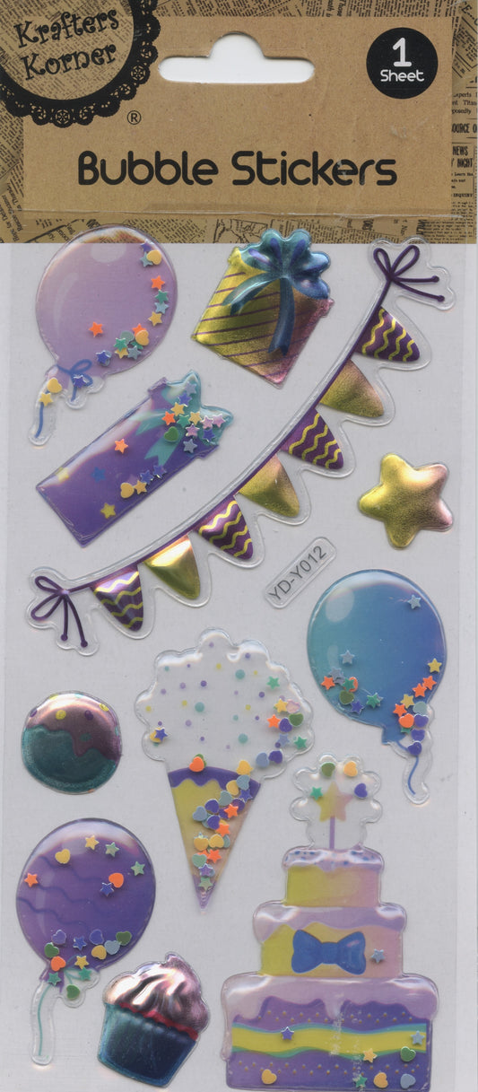 3D Bubble Stickers - Purple Party Theme - 1 Sheet - 11 pk