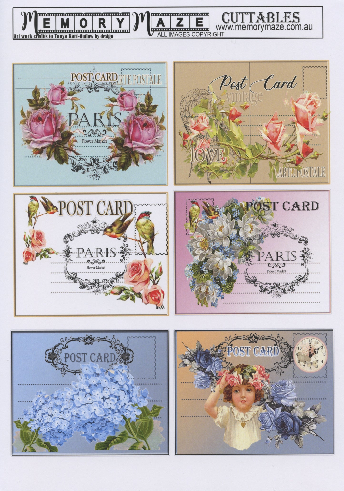 Cuttables Card Toppers - Post Cards - 1 sheet - 6 Designs