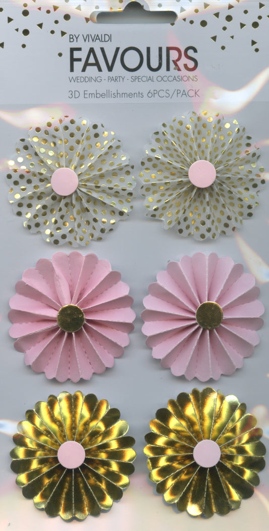Assorted 3D Embellishments - Flowers  - Gold/Pink/White - 6 pcs