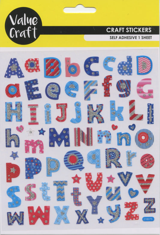Glitter Alphabet - Spots/Stripes Self Adhesive Stickers - 1 sheet
