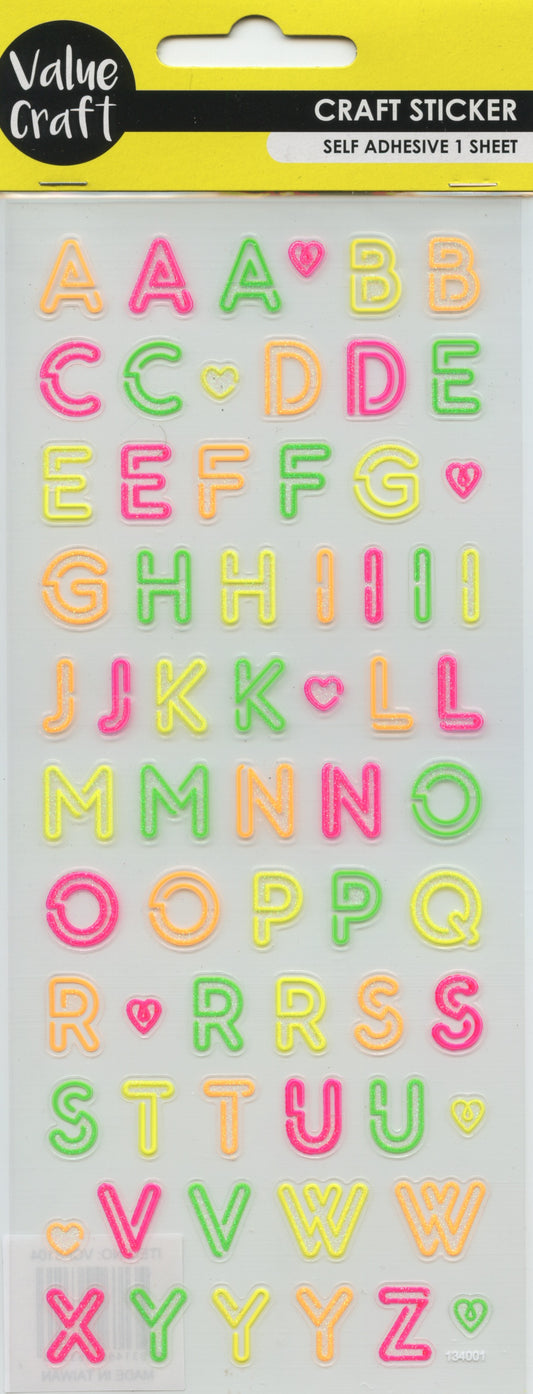 Alphabet Neon Clear Stickers - 1 sheet