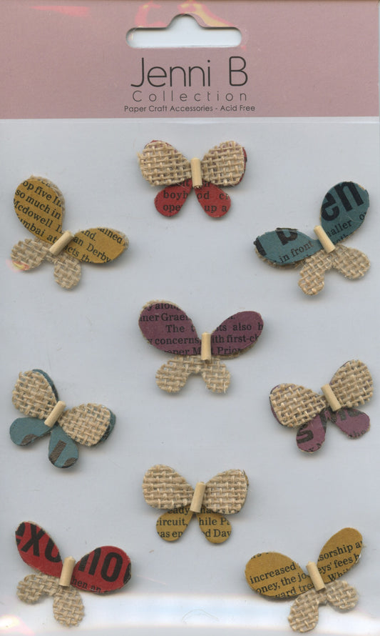 Jenni B Collection - Butterfly Burlap/Print - Self Adhesive Embellishments - 9 pc