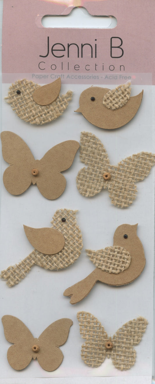 Jenni B Collection - Bird & Butterfly Burlap - Self Adhesive Embellishments - 8 pc