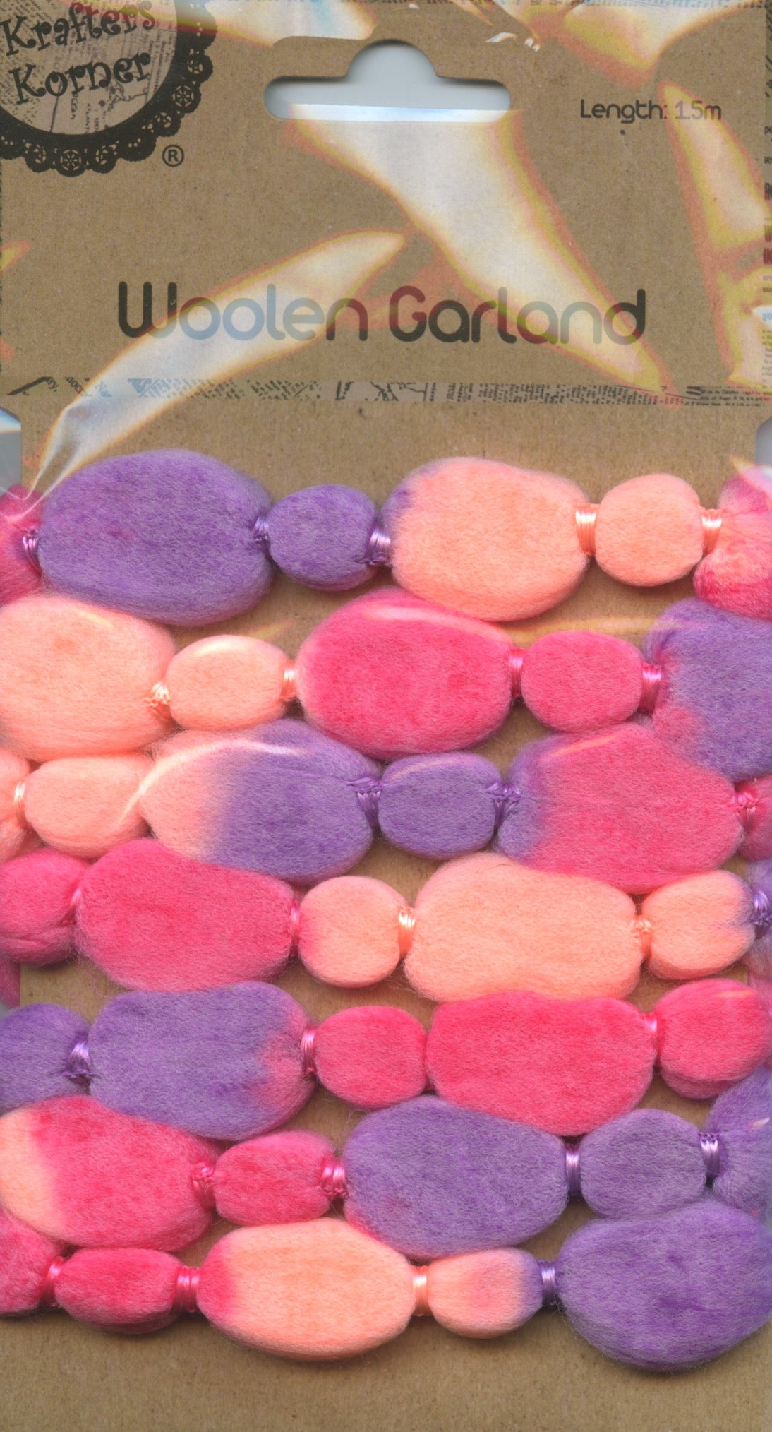 Woollen Garland  - Pink/Purple/Apricot - 1.5m