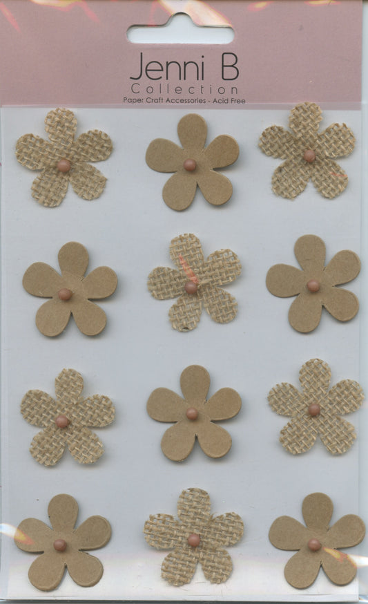 Jenni B Collection - Flowers Burlap/Kraft Self Adhesive Embellishments - 12 pc