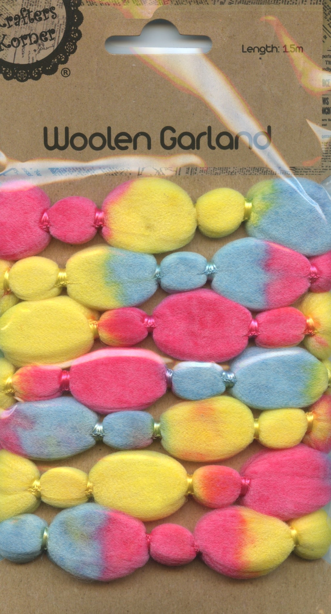 Woollen Garland  - Yellow/Light Blue/Hot Pink - 1.5m
