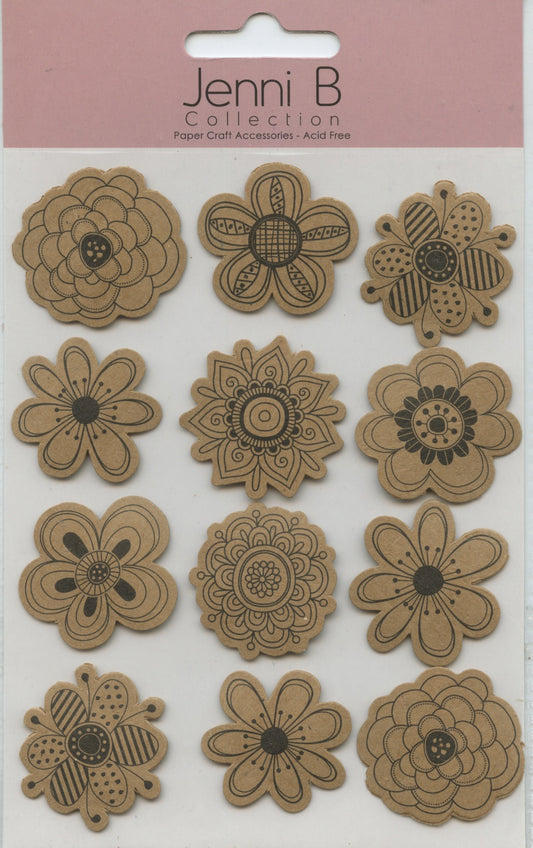 Jenni B Collection - Blossom Print/Kraft - Self Adhesive Embellishments - 12 pc