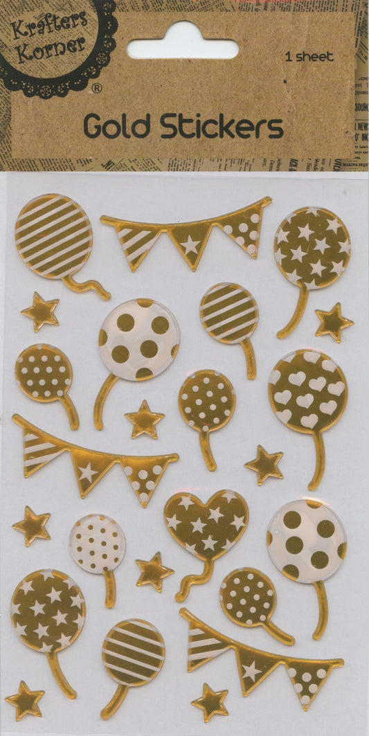Balloons/Banners/Stars patterned - Gold Stickers - 24 pk