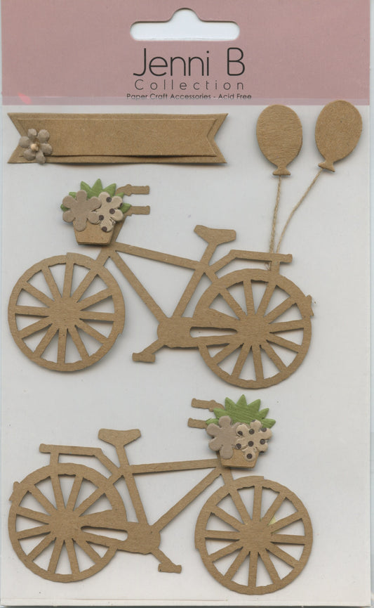 Jenni B Collection - Bike Floral Nat Kraft Self Adhesive Embellishments - 3 pc