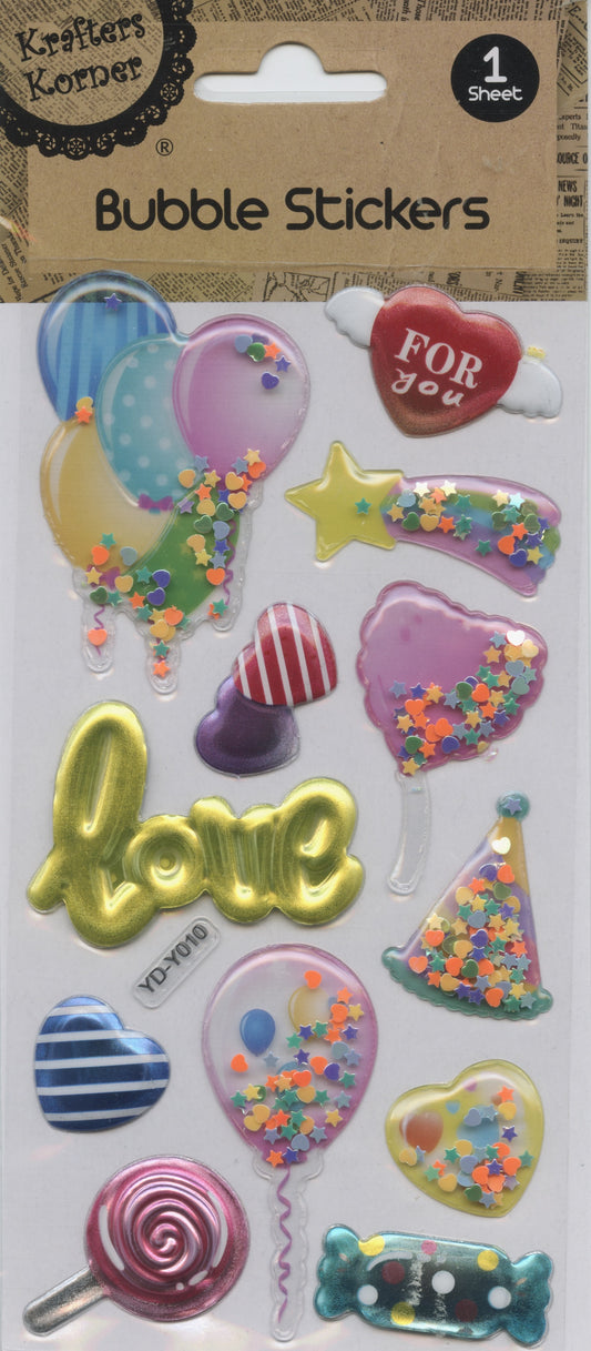 3D Bubble Stickers - Balloons/Hearts/Love - 1 Sheet - 12 pk