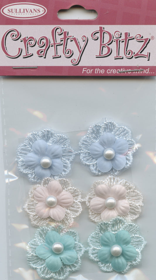 Flower with Pearl Embellishments - Pastel shades - 30mm - 6pc