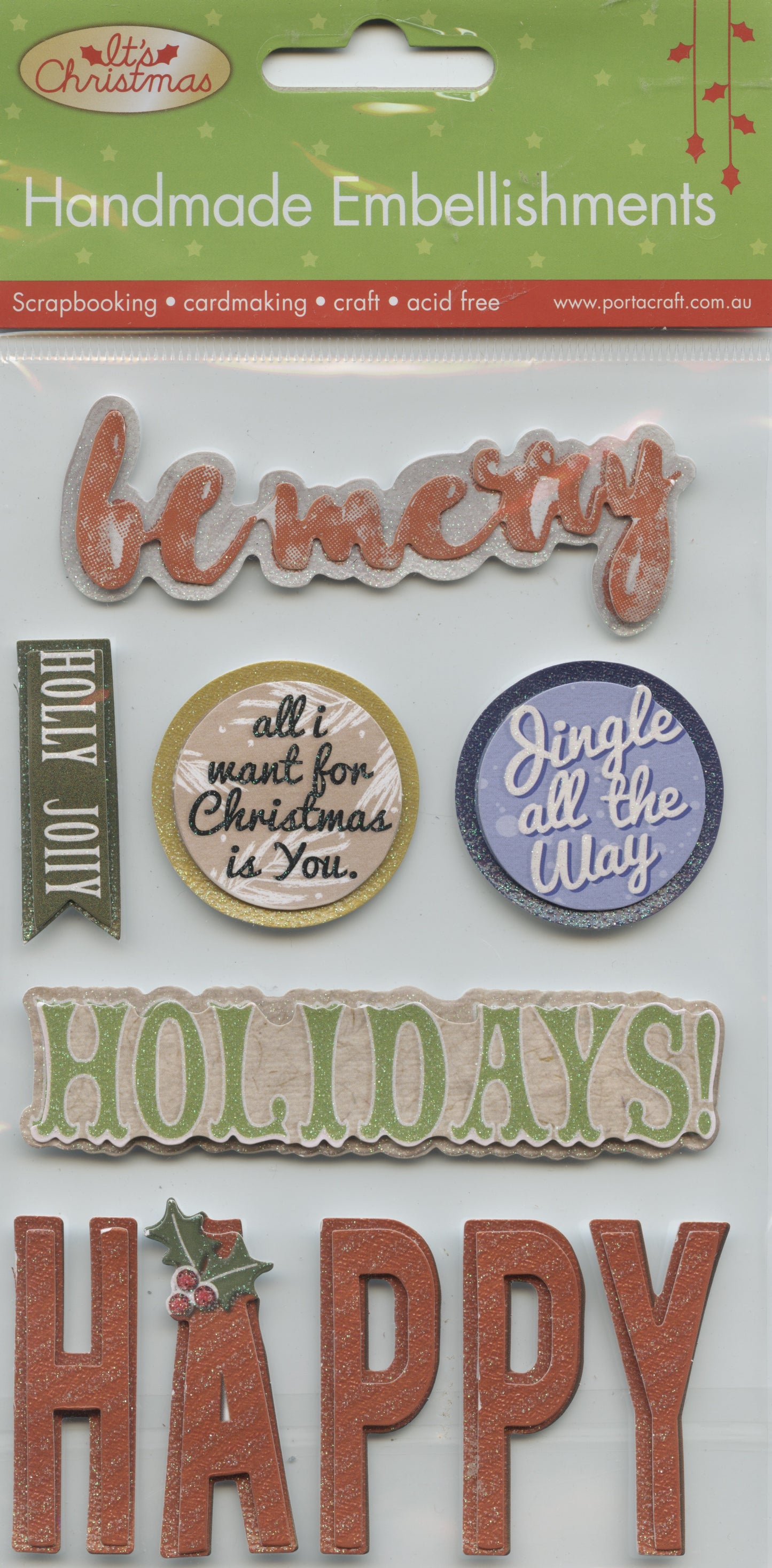 Porta Craft Handmade Embellishments Christmas Wording 10pc