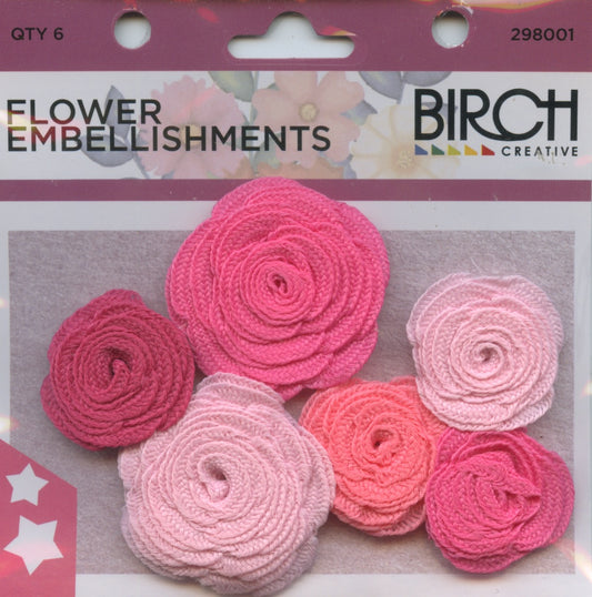 Fabric Flower Embellishments - Fuchsia - 6 pk
