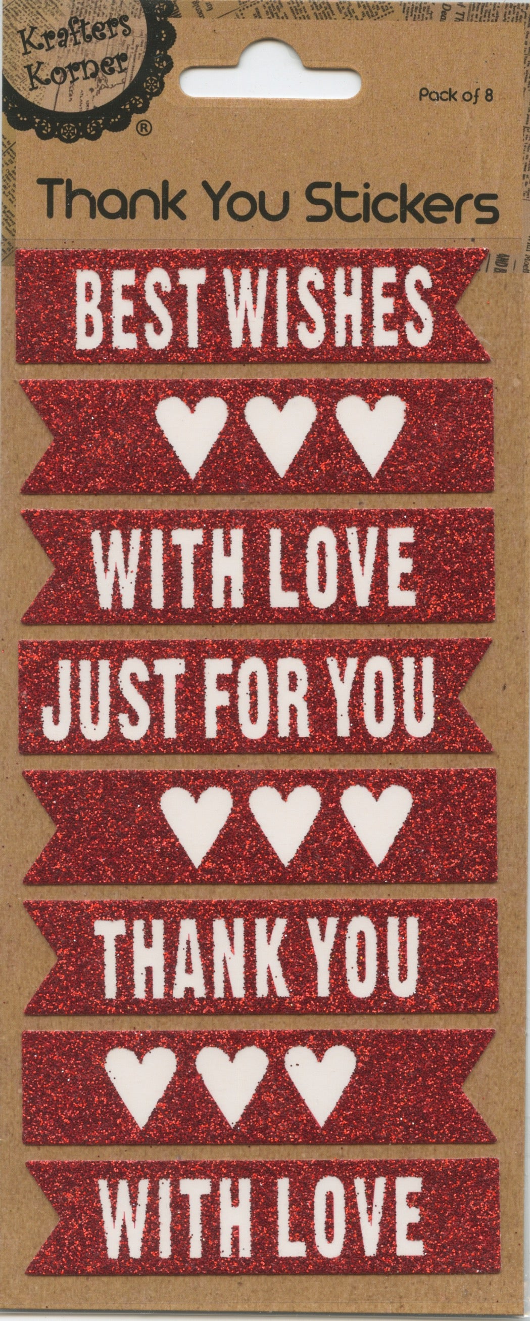 Thank You Stickers - Wording and Hearts - Red glitter - 8 pack