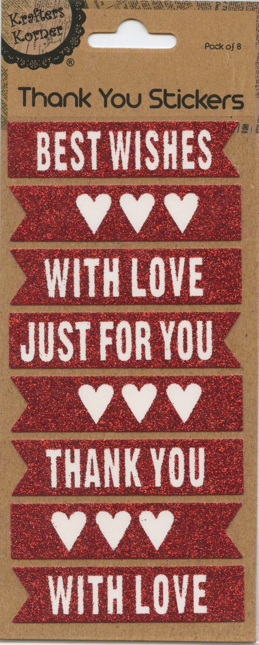 Thank You Stickers - Wording and Hearts - Red glitter - 8 pack