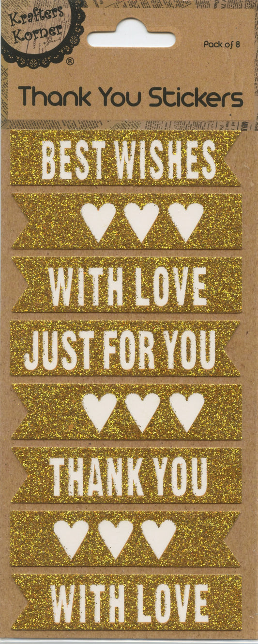 Thank You Stickers - Wording and Hearts - Gold glitter - 8 pack