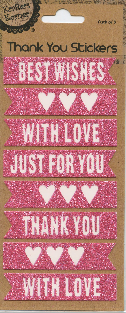 Thank You Stickers - Wording and Hearts - Pink glitter - 8 pack