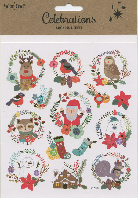 Christmas Celebrations Wreath Santa Stickers 15pk