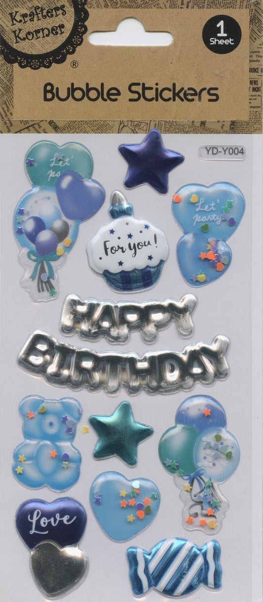 3D Bubble Stickers - Blue Happy Birthday Theme - 1 Sheet - 12 pk
