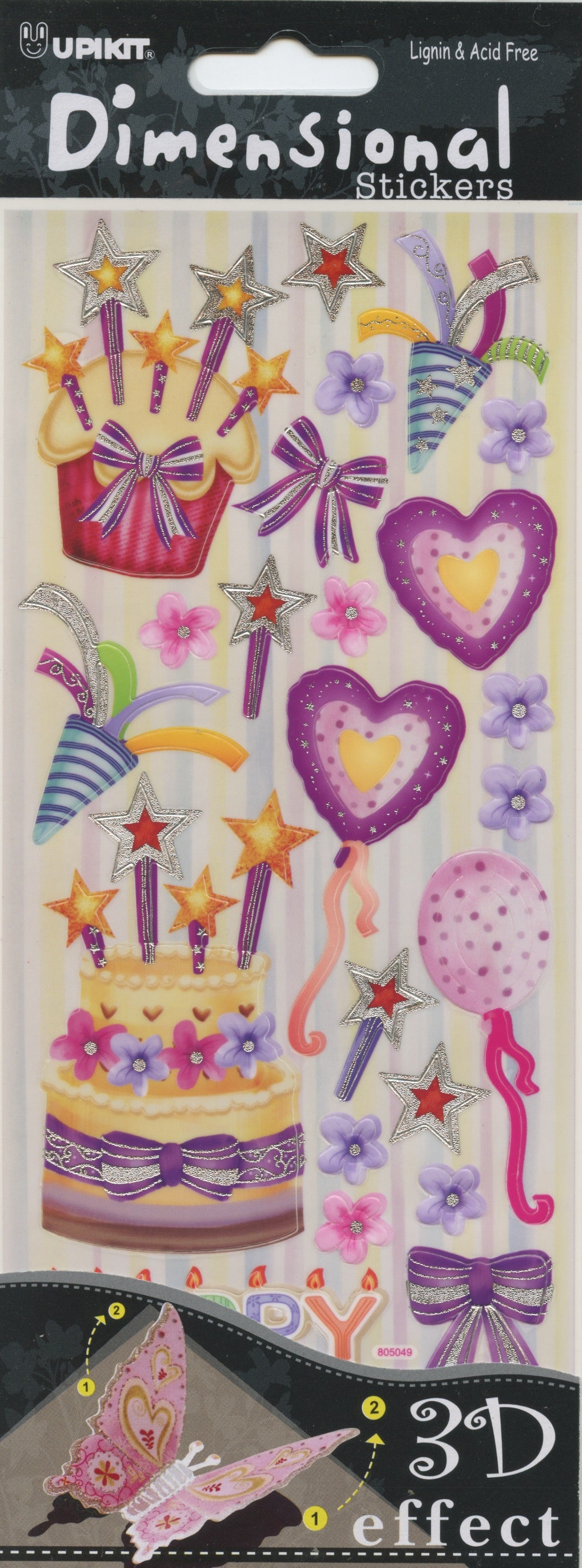 Upikit 3D Dimensional Stickers - Birthday Cakes & Balloons Theme - 24 pce
