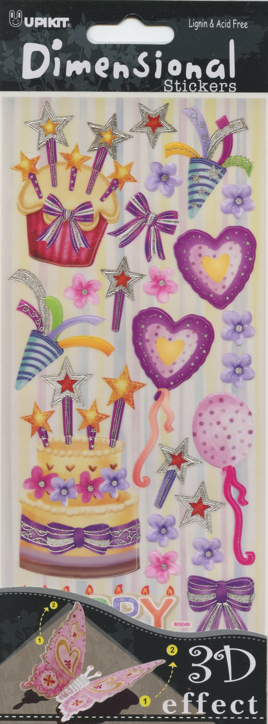 Upikit 3D Dimensional Stickers - Birthday Cakes & Balloons Theme - 24 pce