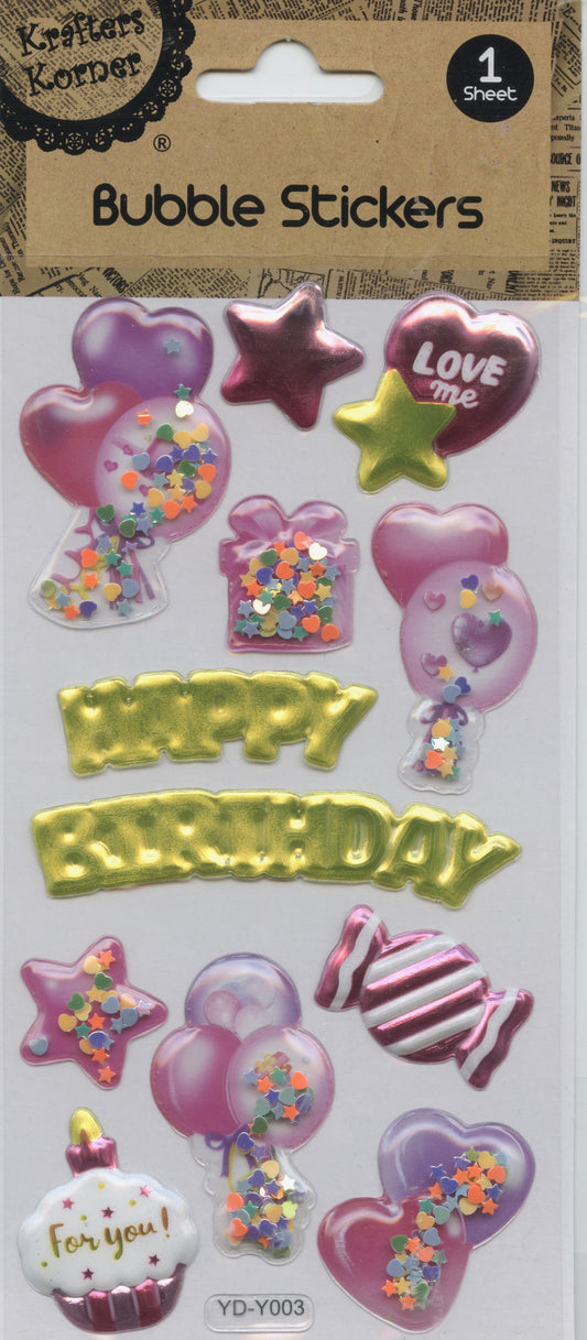 3D Bubble Stickers - Pink Happy Birthday Theme - 1 Sheet - 12 pk