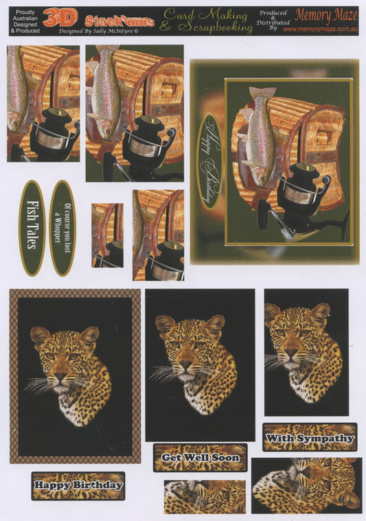 3D Cuttables - Fishing & Leopard Theme & Mixed Wording - 1 sheet