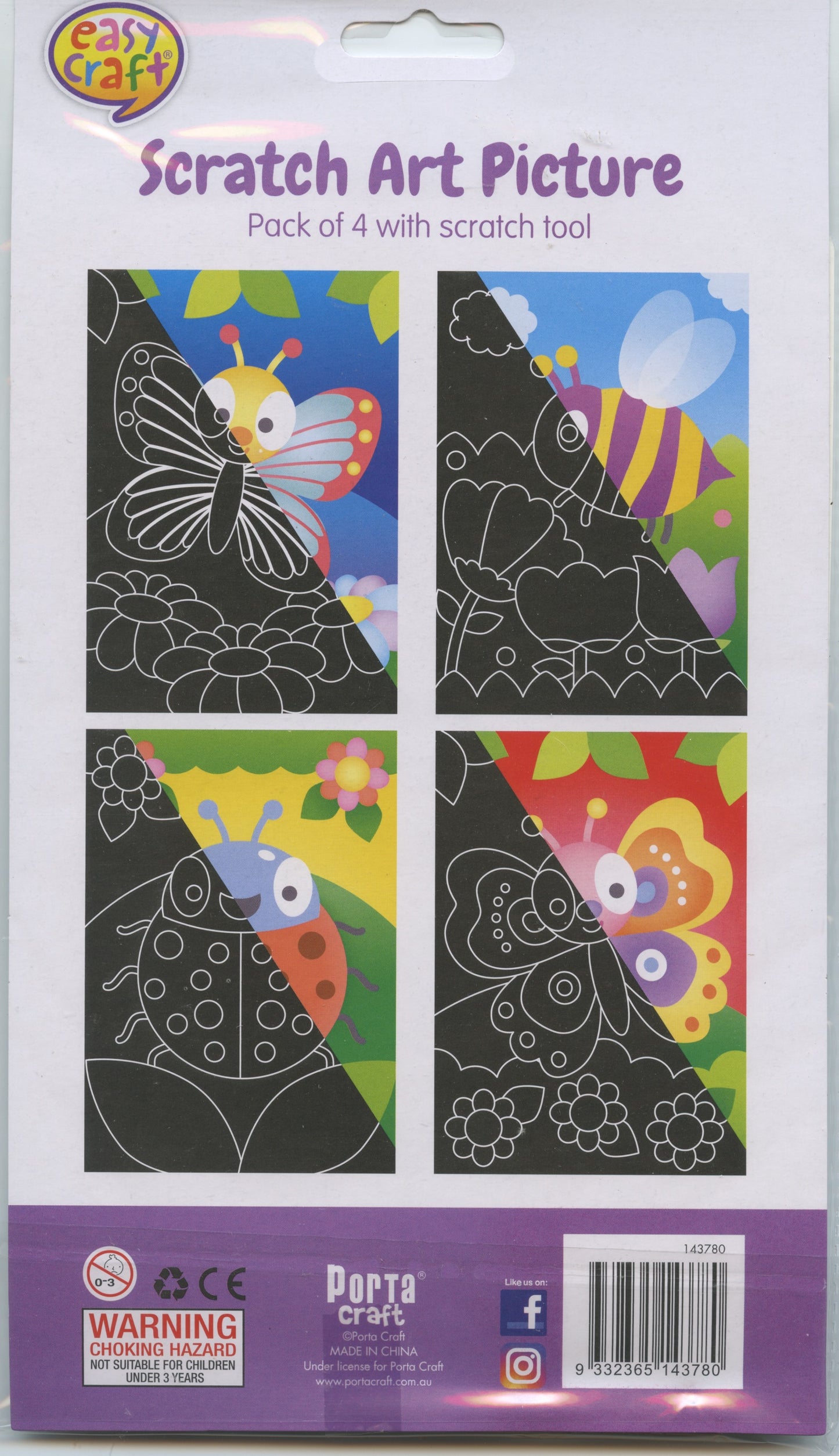Scratch Art Picture - Insect Theme - Pack of 4 with scratch tool