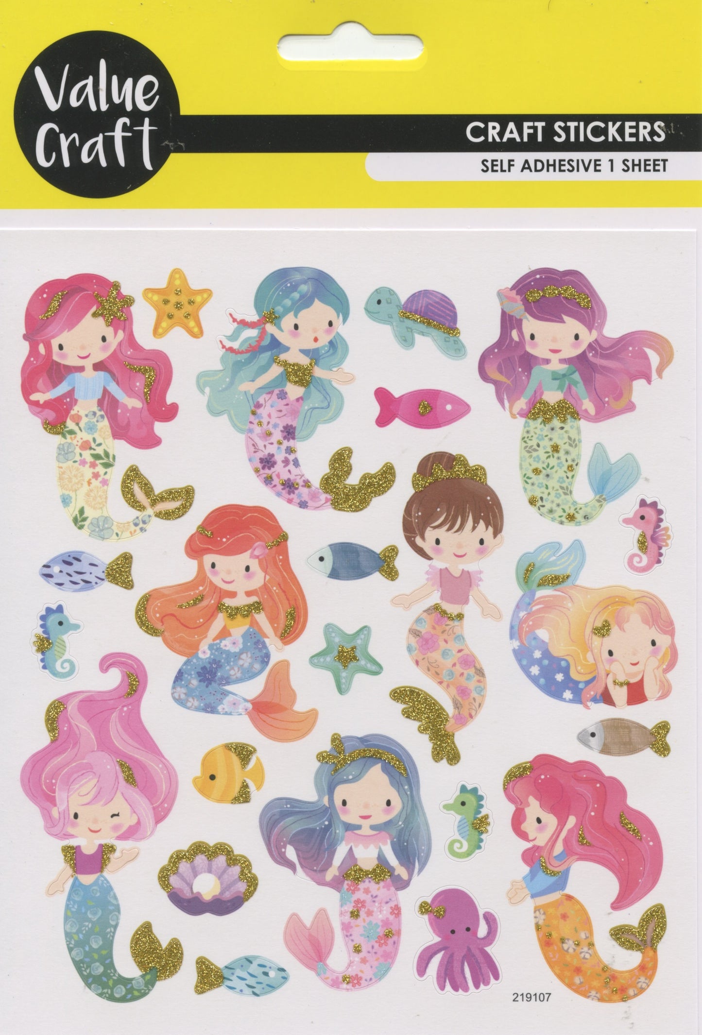 Mermaid/Sea Creatures/Fish Stickers with Glitter - 1 Sheet - 23 pcs