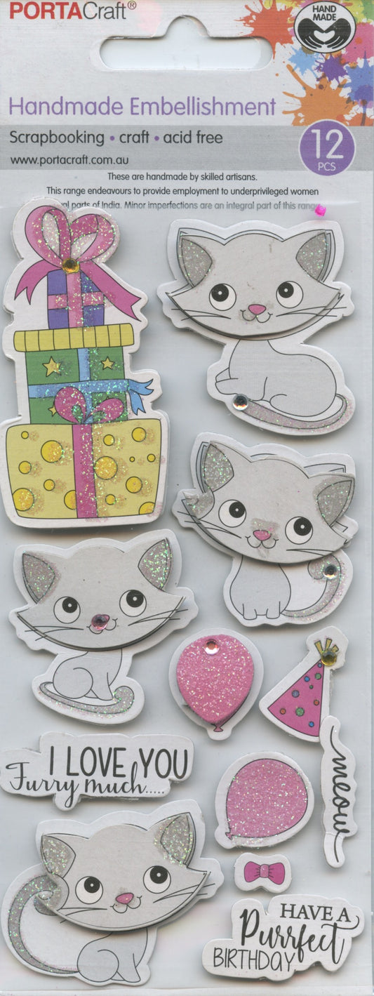 Porta Craft Handmade Embellishments Purrfect Birthday Cat 12pc