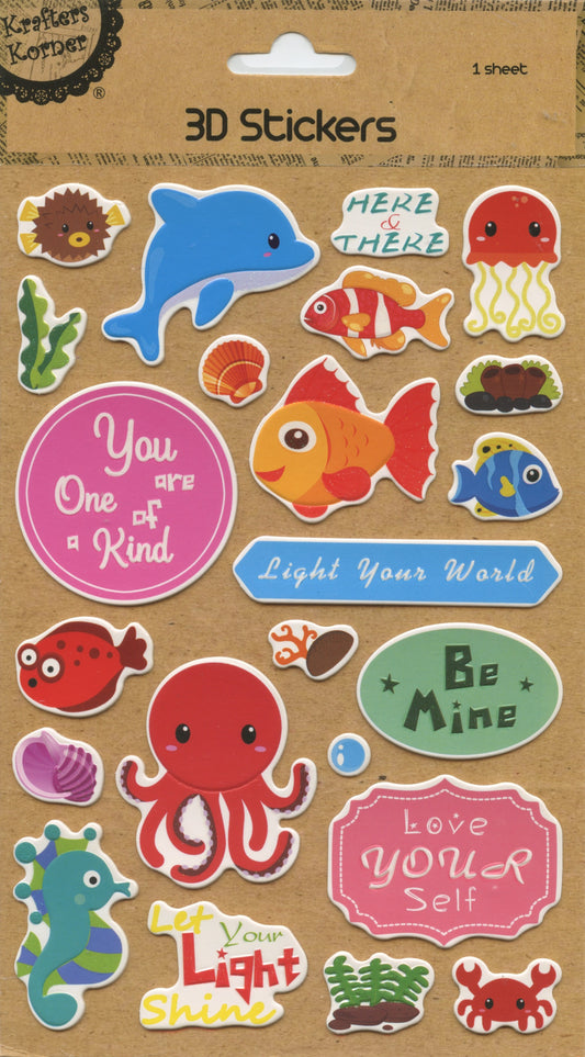 3D Self Adhesive Stickers - Sea Creatures - 1 Sheet - 23 pc