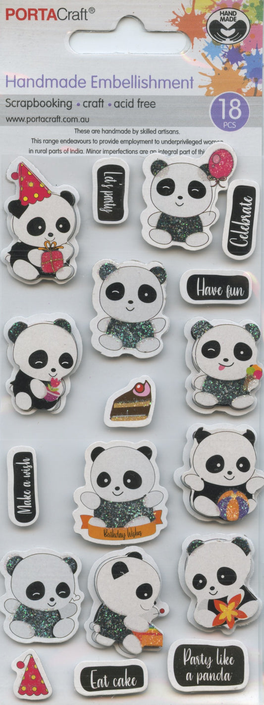 Porta Craft Handmade Embellishments - Panda Party - Glitter - 18pc