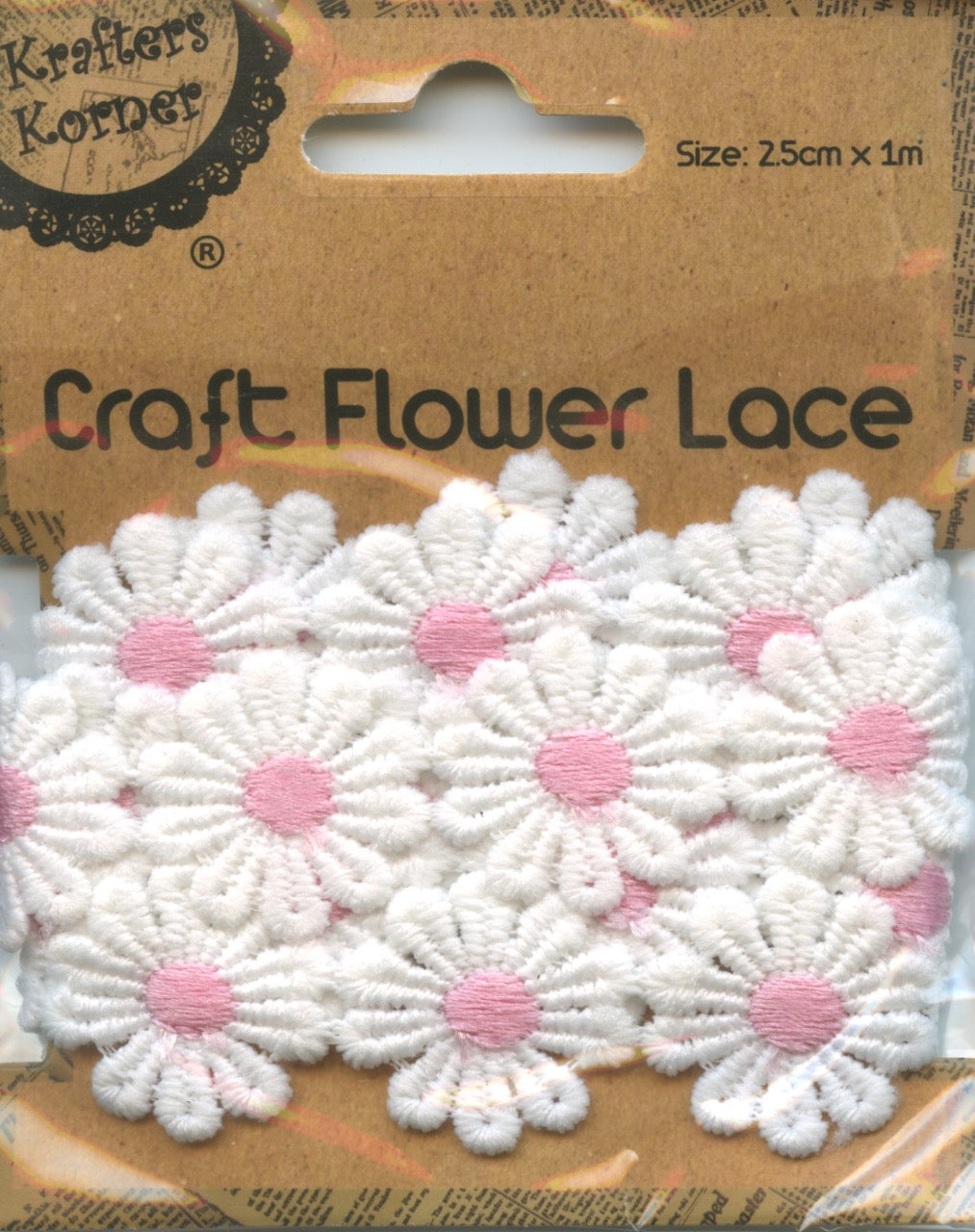 Flower Lace White with Pale Pink Centre - 25cm x 1m
