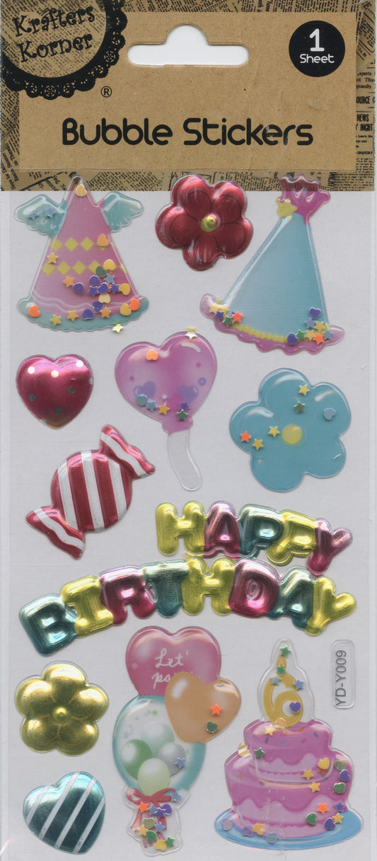 3D Bubble Stickers - Birthday/Cake/Hats - 1 Sheet - 13 pk