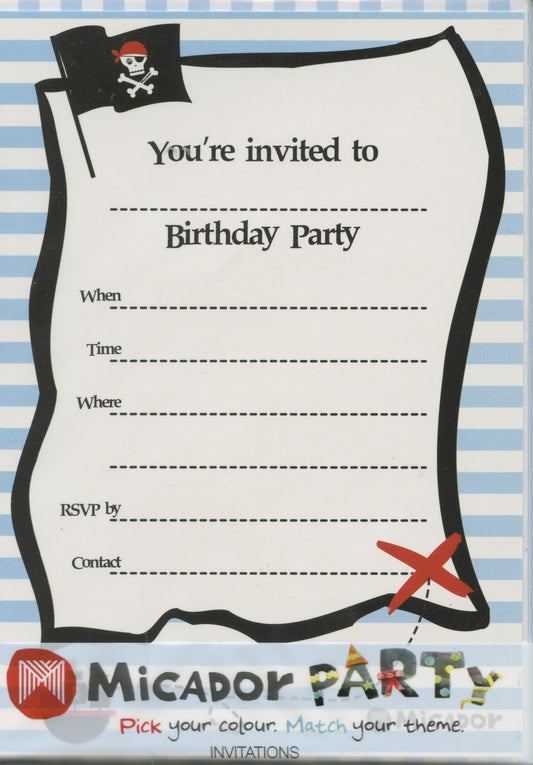 Pirate Theme - Party Invitations with envelopes - 10 pack - 10x15cm