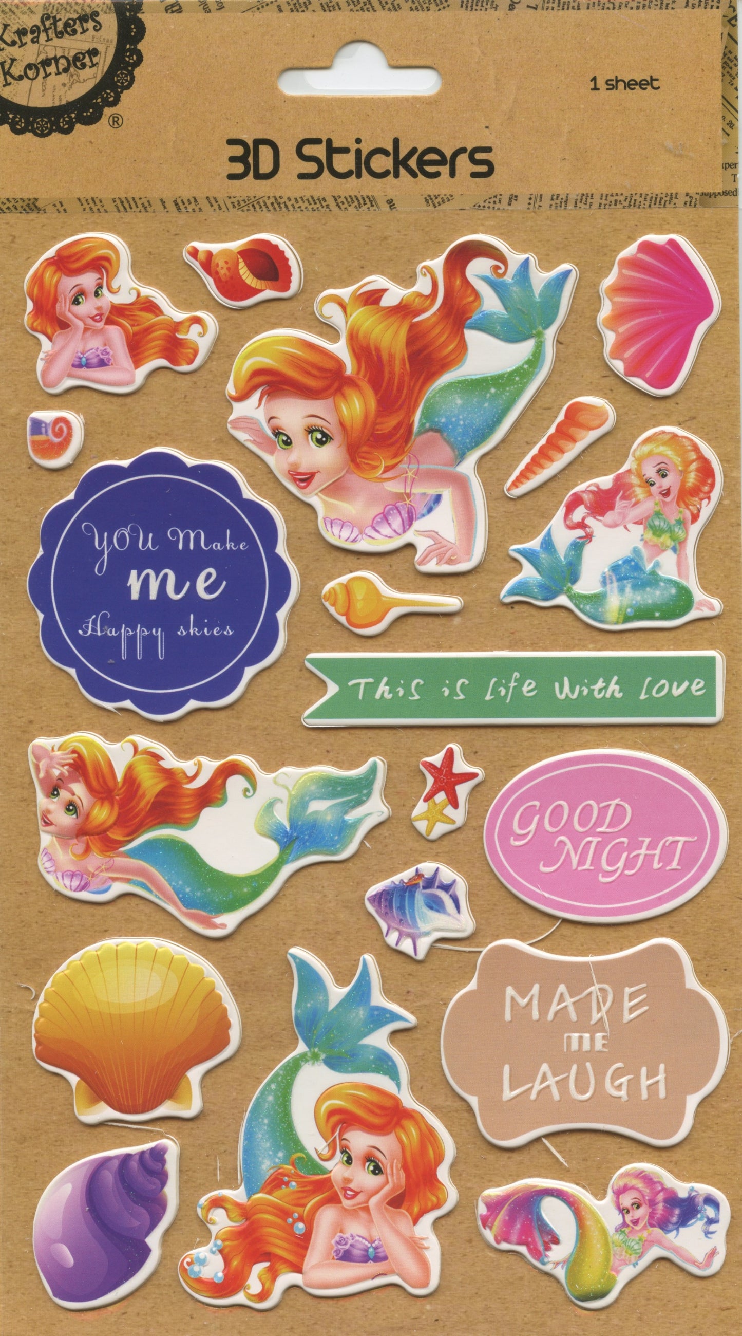 3D Self Adhesive Stickers - Mermaids and Shells -1 Sheet - 19 pc
