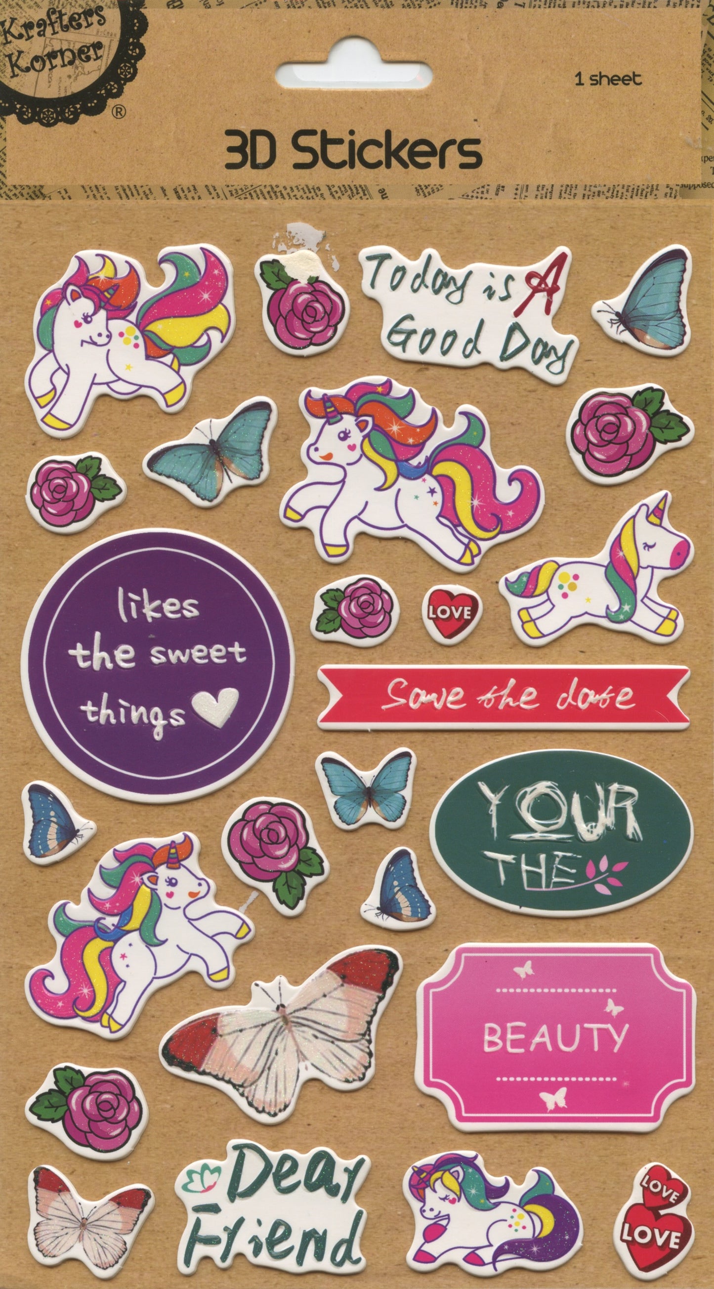 3D Self Adhesive Stickers - Unicorns/Butterflies - 1 Sheet - 26 pc