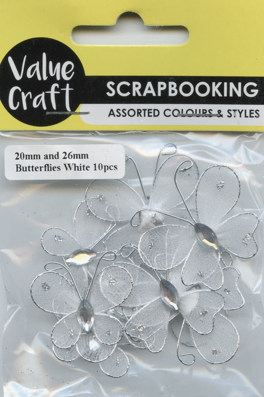 Butterfly White Stocking Embellishments - 20 & 26mm - 10pk