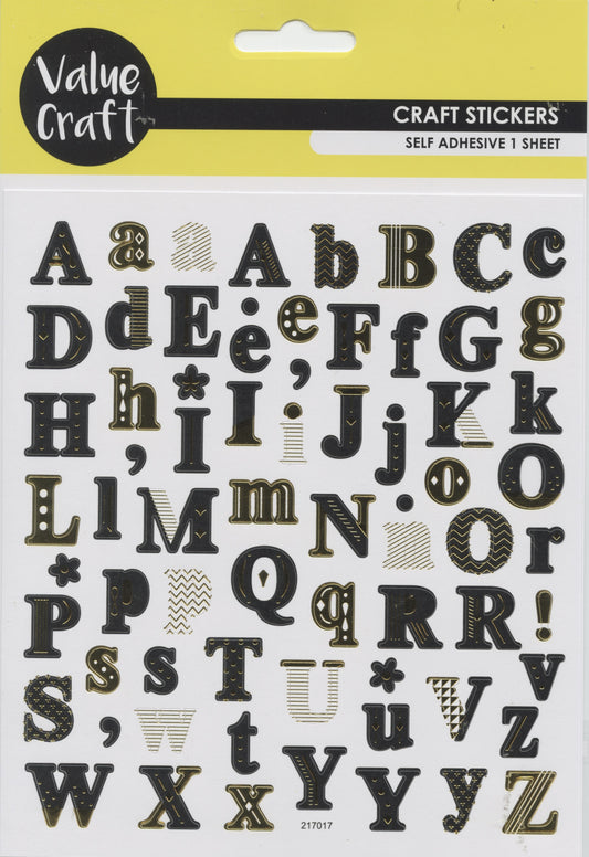 Alphabet Stickers - Gold/Black/White - Dots & Stripes - 1 Sheet - 68pc