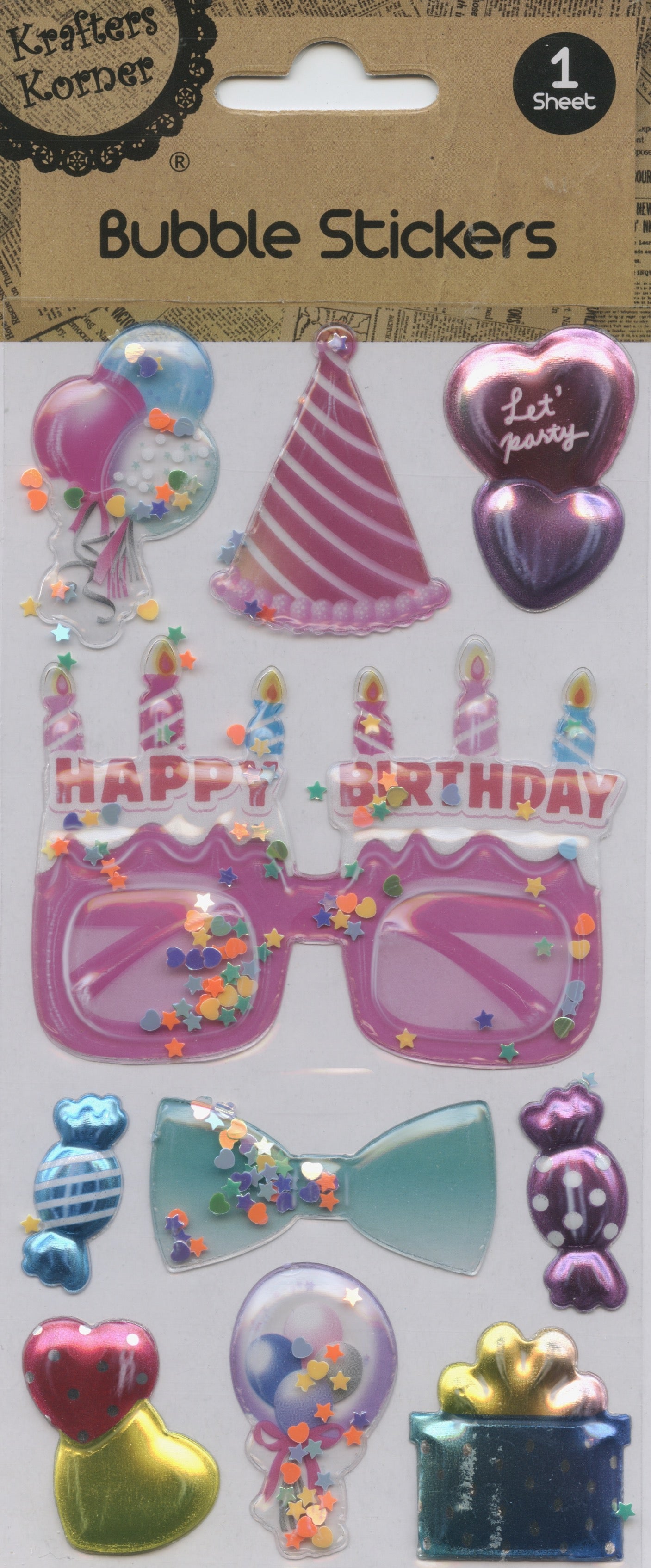 3D Bubble Stickers - Happy Birthday Glasses Theme - 1 Sheet - 10 pk