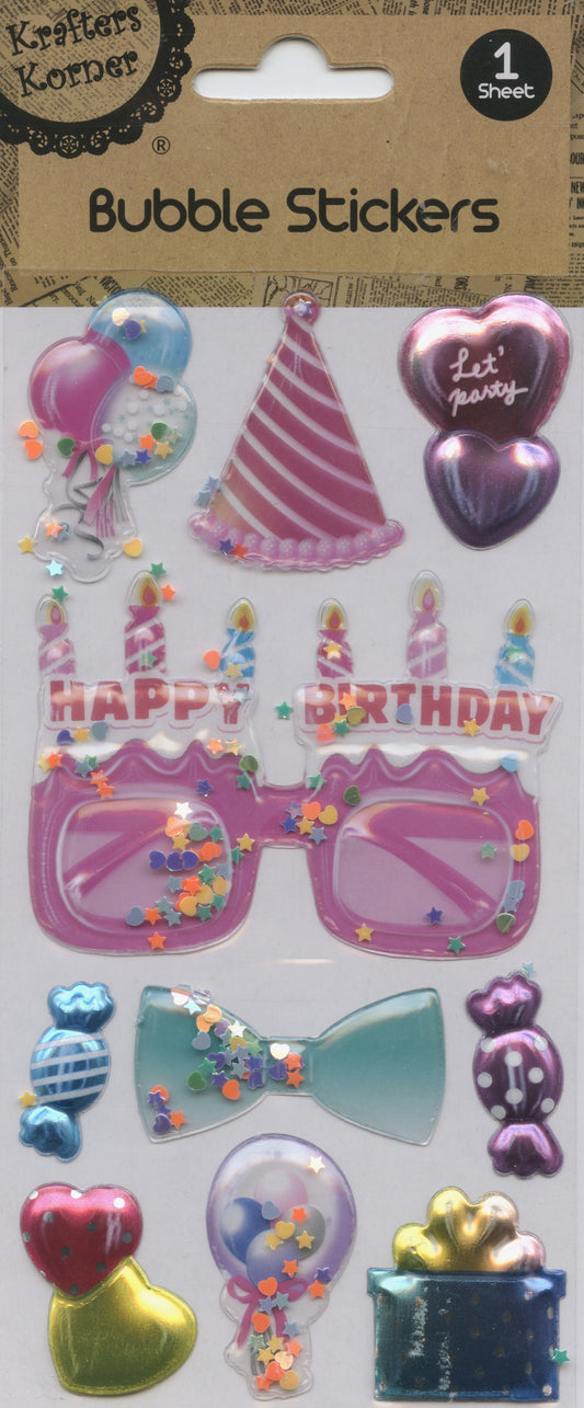 3D Bubble Stickers - Happy Birthday Glasses Theme - 1 Sheet - 10 pk