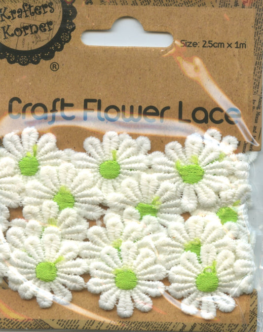 Flower Lace White with Lime Green Centre - 25cm x 1m