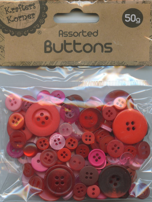 Buttons - Assorted Sizes - Shades of Red and Pink - 50g