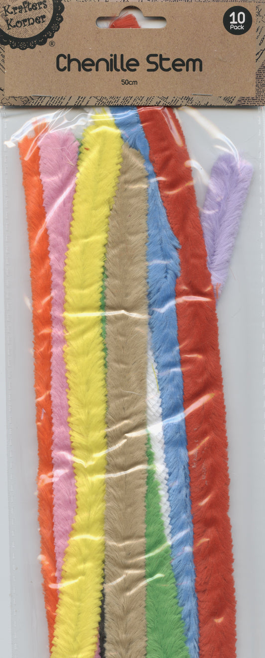 Jumbo Chenille Stems (Pipe Cleaners) - 50cm - 10 Assorted Colours