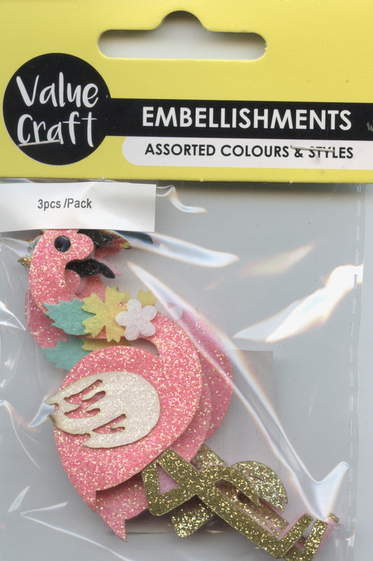 Flamingo - Glitter Embellishments - Pink 3pk