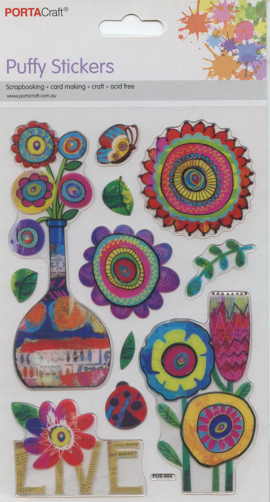 Puffy Stickers -  Flowers #5 - Live/Butterfly/Ladybug - 11 pcs