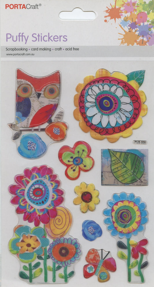 Puffy Stickers -  Flowers #6 - Owl and Butterfly - 9 pcs